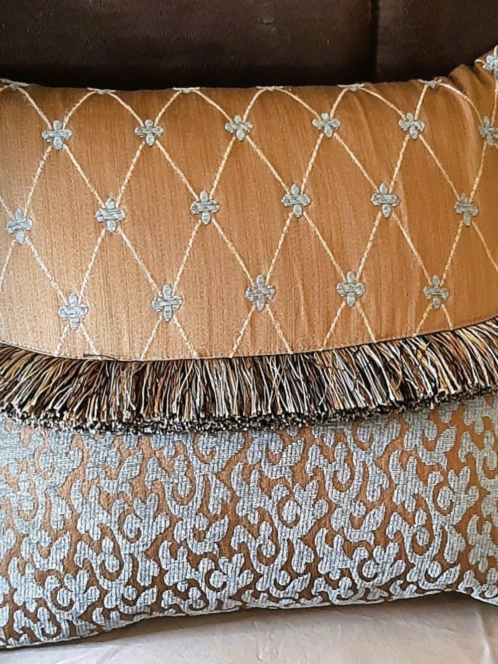 Throw Pillow Sable with Teal Accents and Dark Brown Fringe See Pictures